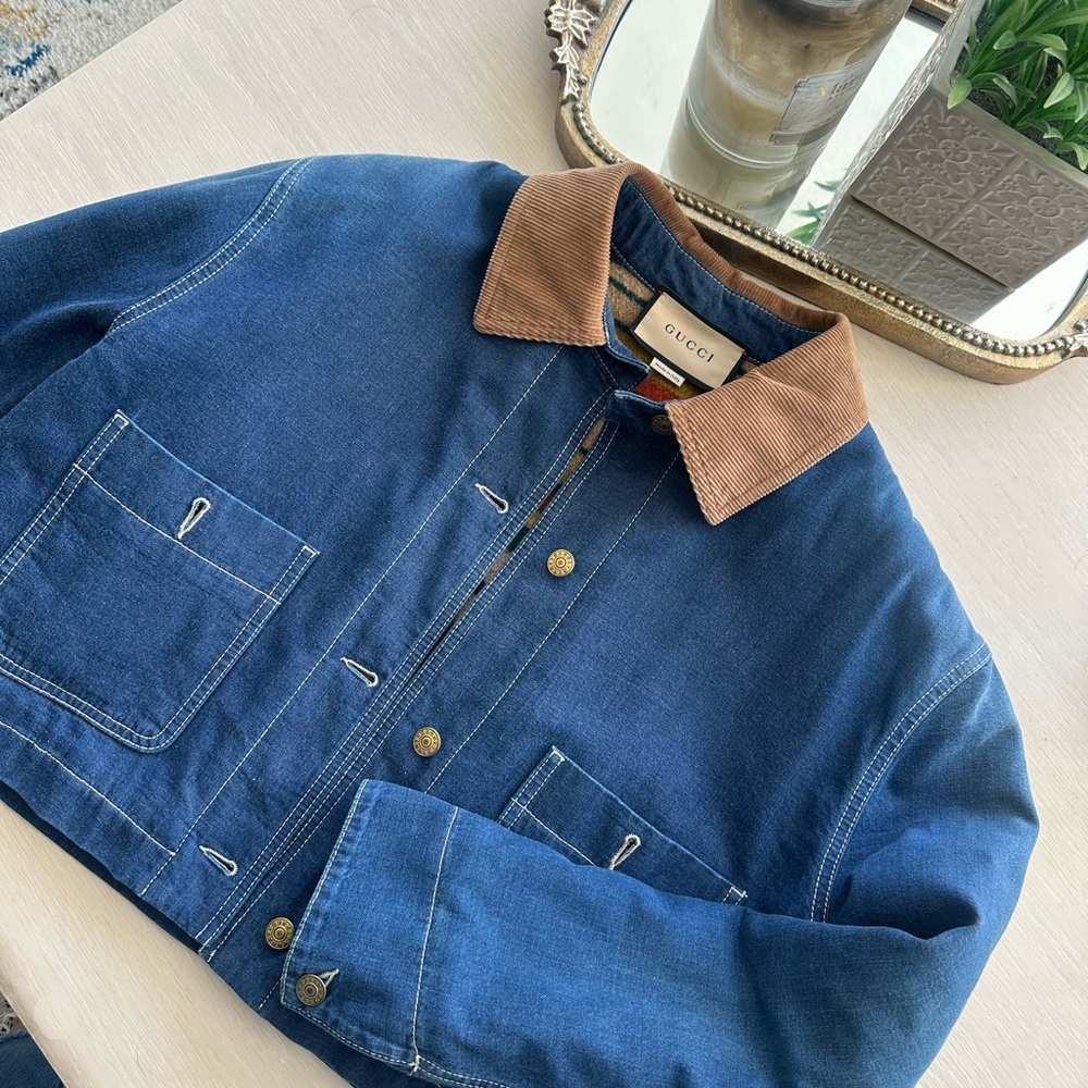 Gucci Blue Denim Jacket with Brown Collar